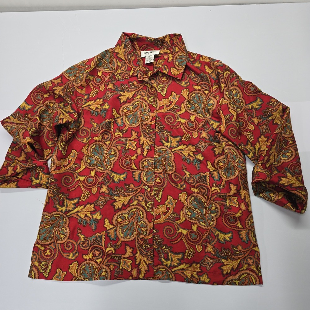Easy Spirit Vintage 100% Silk Paisley‎ Button Down Shirt Red Gold Medium M